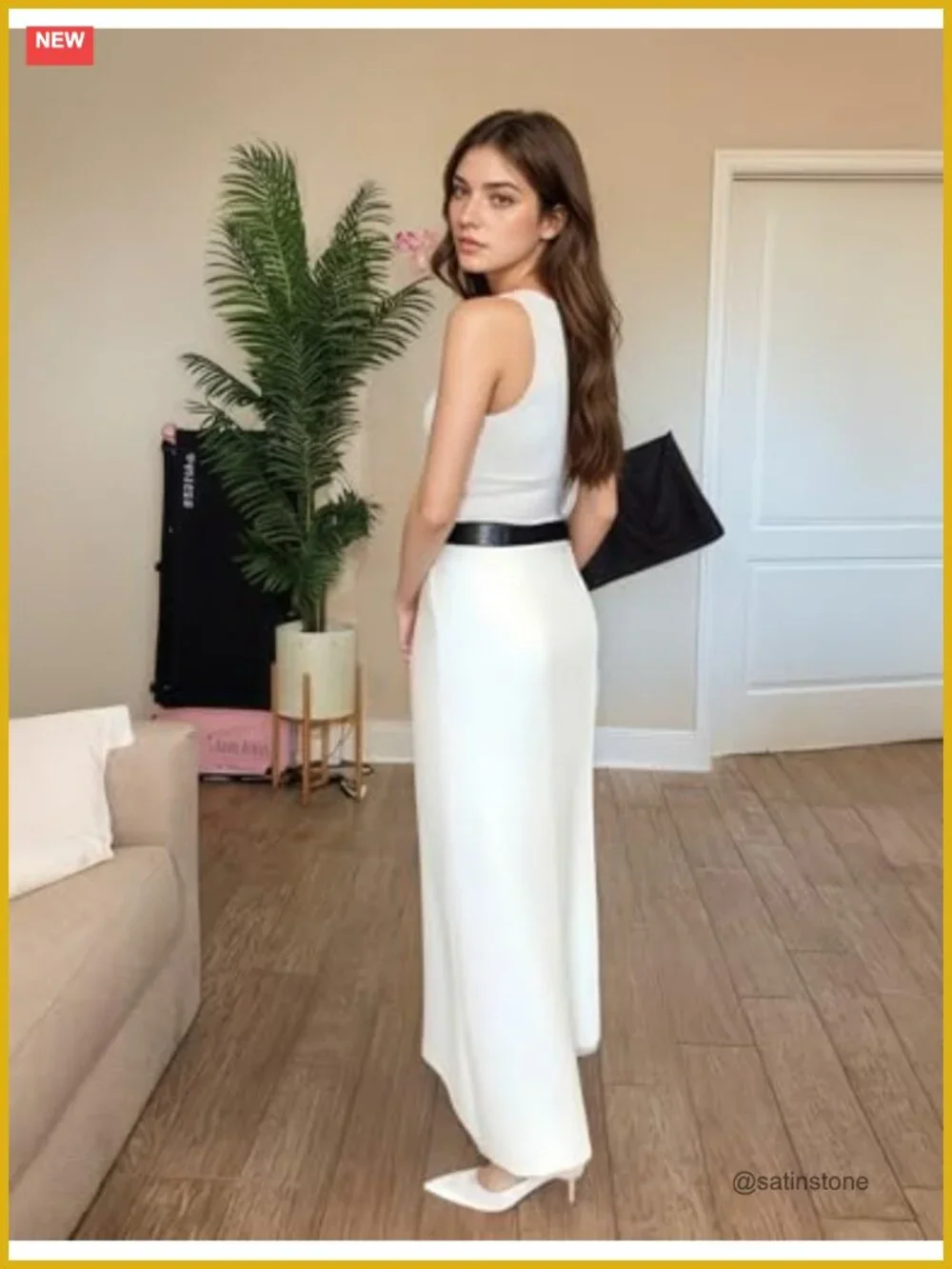 100% Polyester High Waist Maxi Skirt with Pockets H Line Floor Length